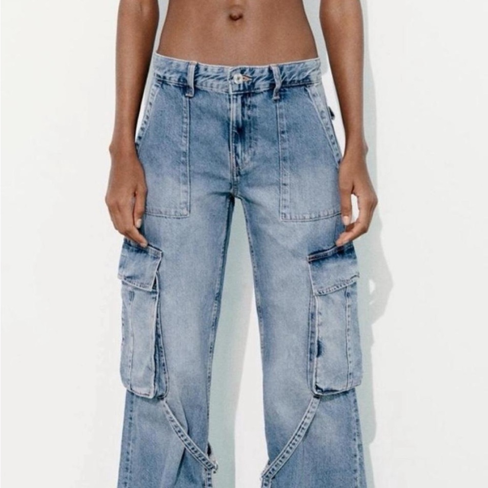Zara Blue Wide Leg Cargo Jeans